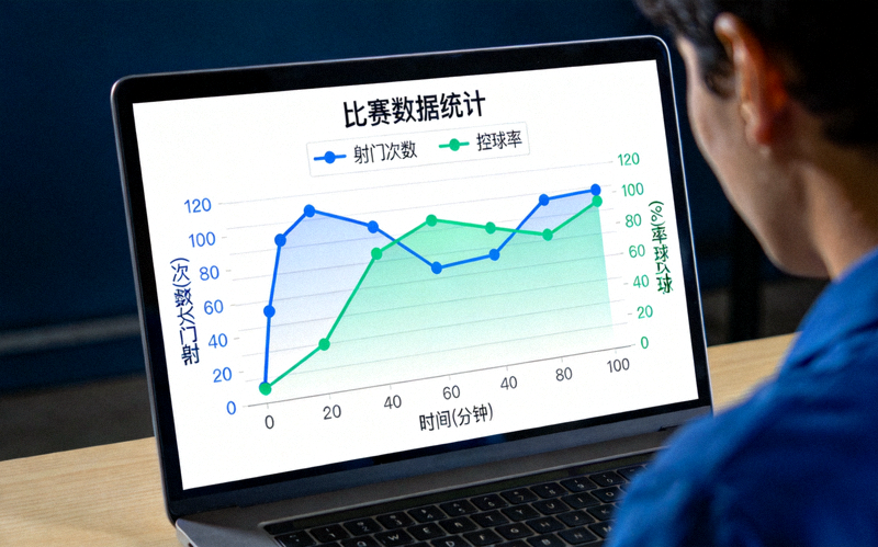 屏幕上的体育数据统计图表，展示射门与控球率变化曲线