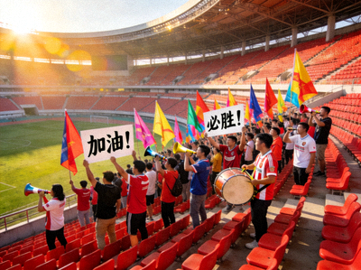 足球场看台全景，球迷在看台上为球队助威