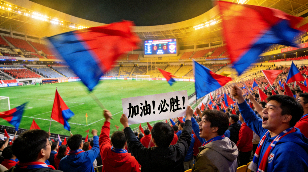 足球场看台座无虚席，球迷挥舞旗帜为球队加油